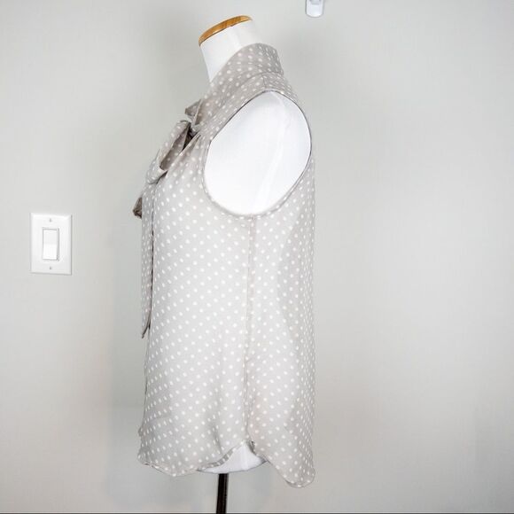 Daniel Rainn Grey Polka Dot Neck Tie Sleeveless Blouse Size Small Sheer Neutral - Picture 6 of 8
